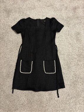 Xtraordinary Black Short-Sleeve Mini Dress with Pearl-Trim Pockets